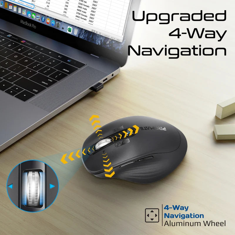 Promate Tri-Connect Wireless Mouse with Rechargeable Battery, 2.4G and Dual BT Connectivity ,800/1600/24,Black