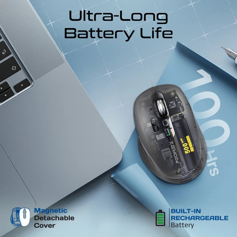 Promate Tri-Connect Wireless Mouse with Rechargeable Battery, 2.4G and Dual BT Connectivity ,800/1600/24,Black