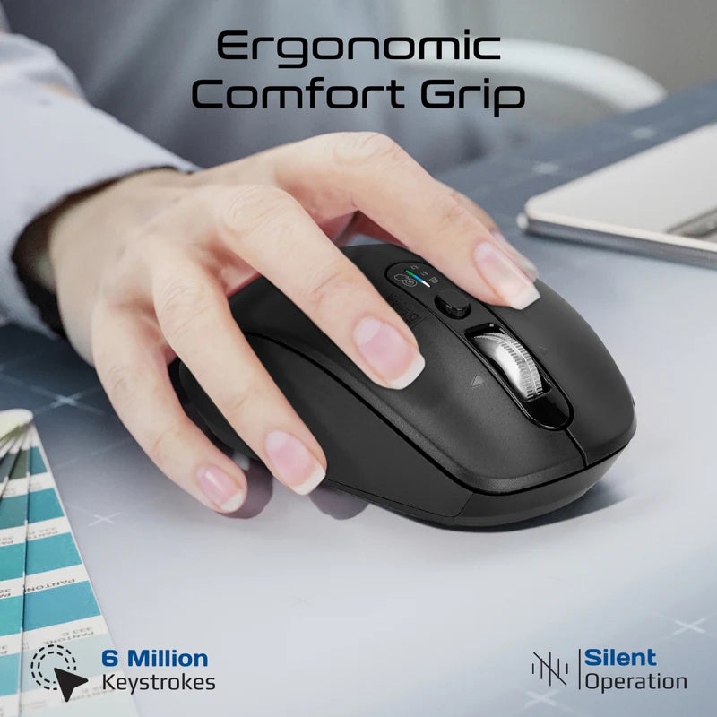 Promate Tri-Connect Wireless Mouse with Rechargeable Battery, 2.4G and Dual BT Connectivity ,800/1600/24,Black