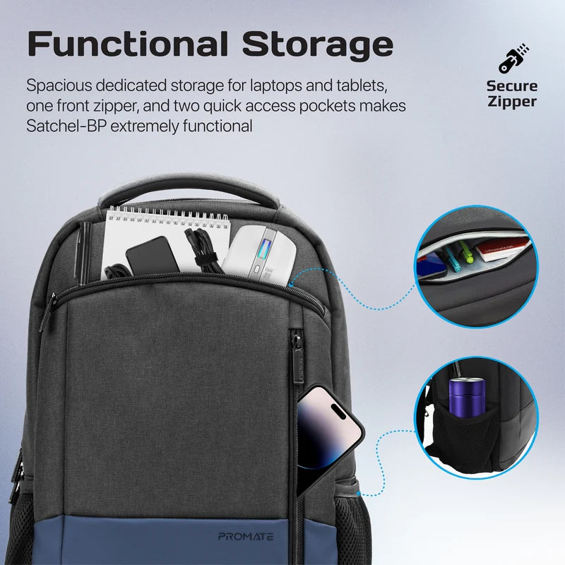 Promate Satchel-BP SleekComfort 15.6" Laptop Backpack With Multiple Pockets