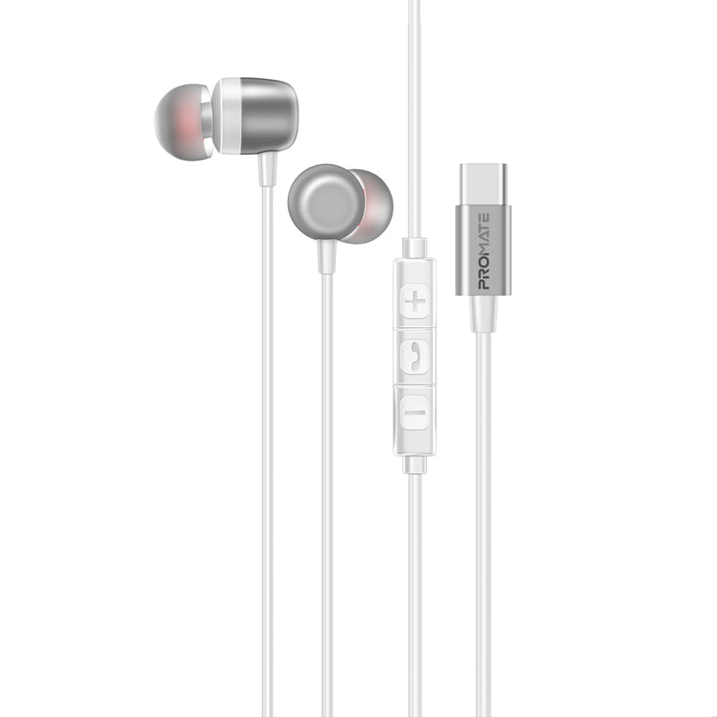 Promate Ergonomic In-Ear USB-C Wired ENC Stereo Earphones,White