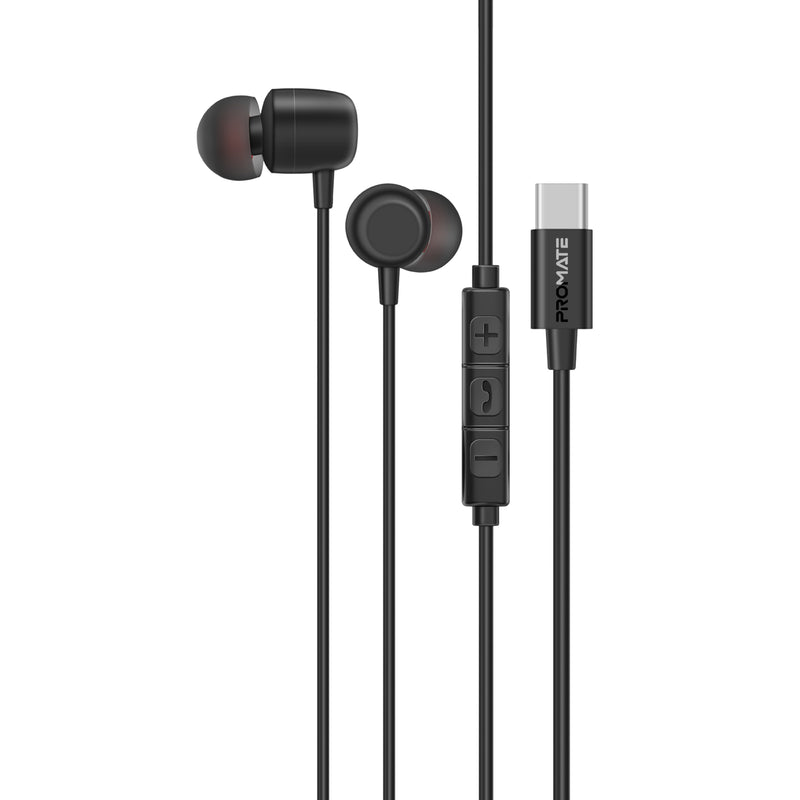 Promate Ergonomic In-Ear USB-C Wired ENC Stereo Earphones,Black