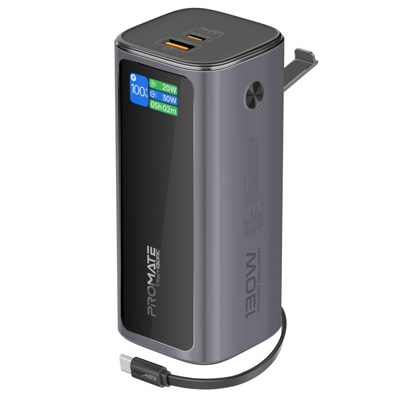 Promate 20000mAh 130W Aluminum Crafted Power Bank w/ Retractable USB-C Cable  & TFT LCD Screen,BLACK