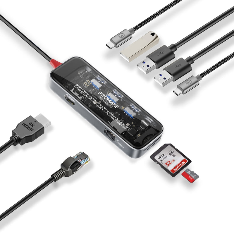 Promate 9-in 1 Transparent Ultra-Fast Multiport USB-C Hub with 100W Power Delivery,Trans