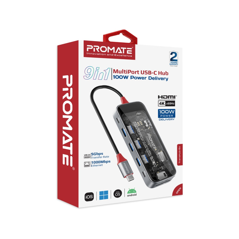 Promate 9-in 1 Transparent Ultra-Fast Multiport USB-C Hub with 100W Power Delivery,Trans