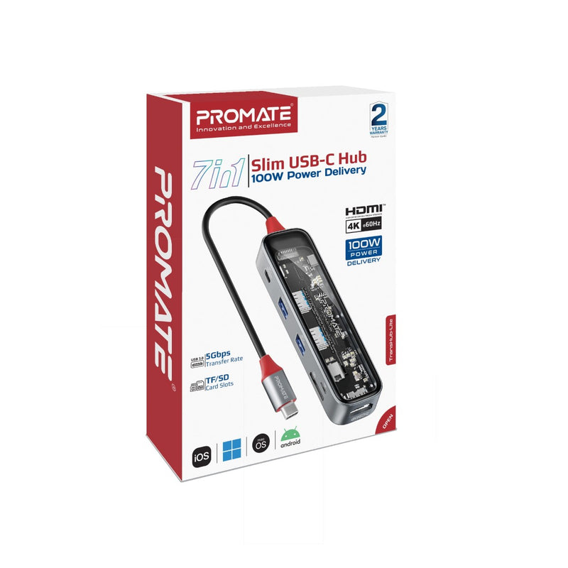 Promate 7-in 1 Transparent Multiport Slim USB-C Hub with 100W Power Delivery,Trans