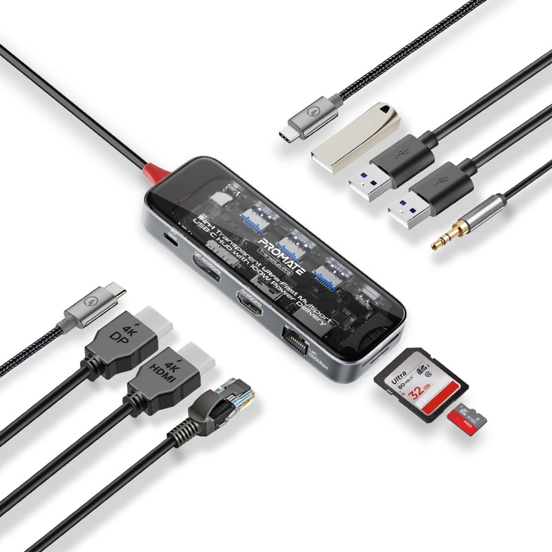 Promate 11-in-1 Transparent Ultra-Fast Multi-Port USB-C Hub with 100W Power Delivery,Trans