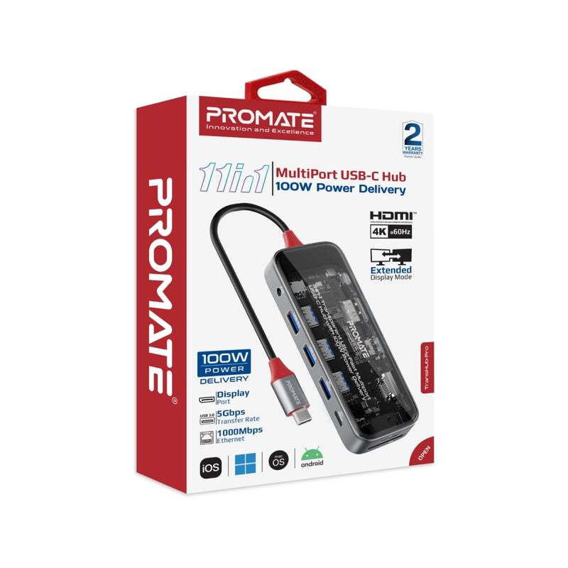 Promate 11-in-1 Transparent Ultra-Fast Multi-Port USB-C Hub with 100W Power Delivery,Trans