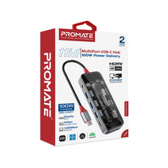 Promate 11-in-1 Transparent Ultra-Fast Multi-Port USB-C Hub with 100W Power Delivery,Trans