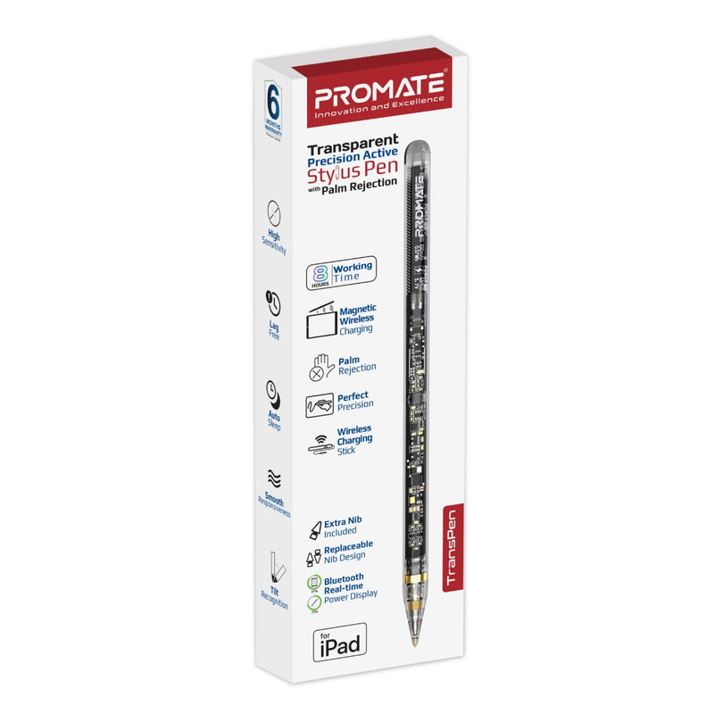 Promate Transparent Precision Active Stylus Pen with Palm Rejection,Trans