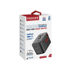 Promate - GaNFast™ Travel Adapter with 100W Power Delivery with Multiple Ports,BLACK