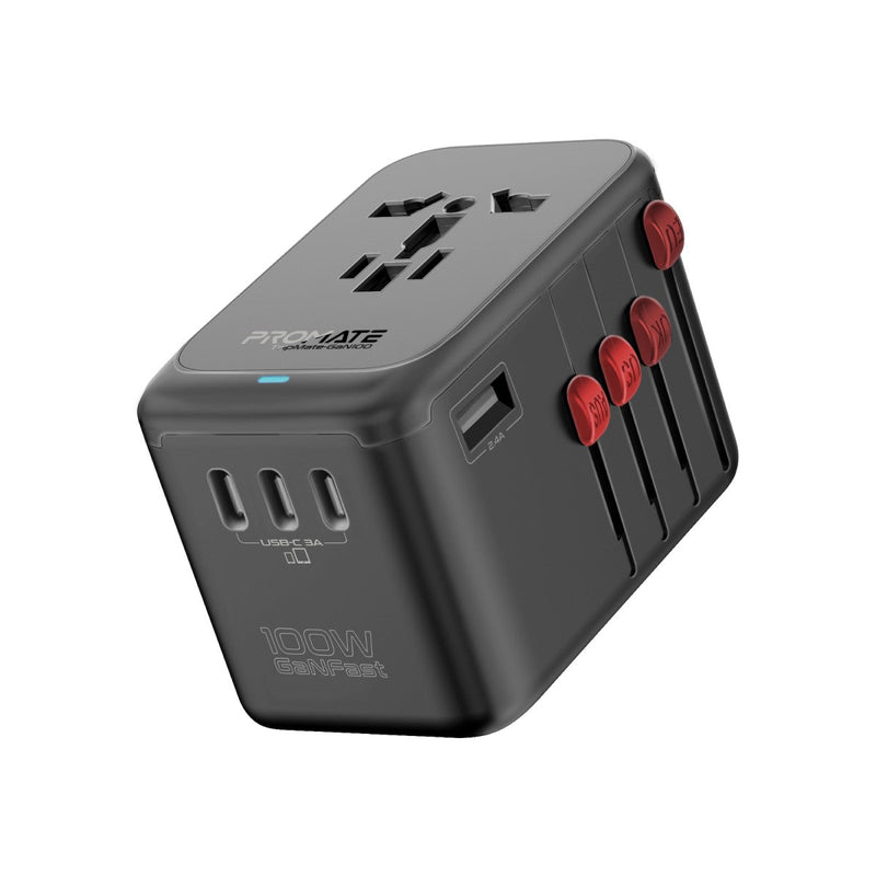 Promate - GaNFast™ Travel Adapter with 100W Power Delivery with Multiple Ports,BLACK