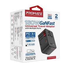 Promate - 160W GaNFast™ Travel Adapter with Multiple Power Delivery  Ports ,BLACK