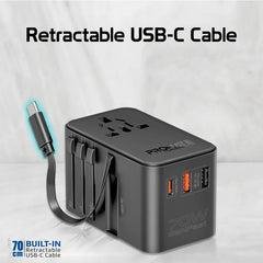Promate 70W GaN Travel Adapter with Retractable Built-in USB-C Cable