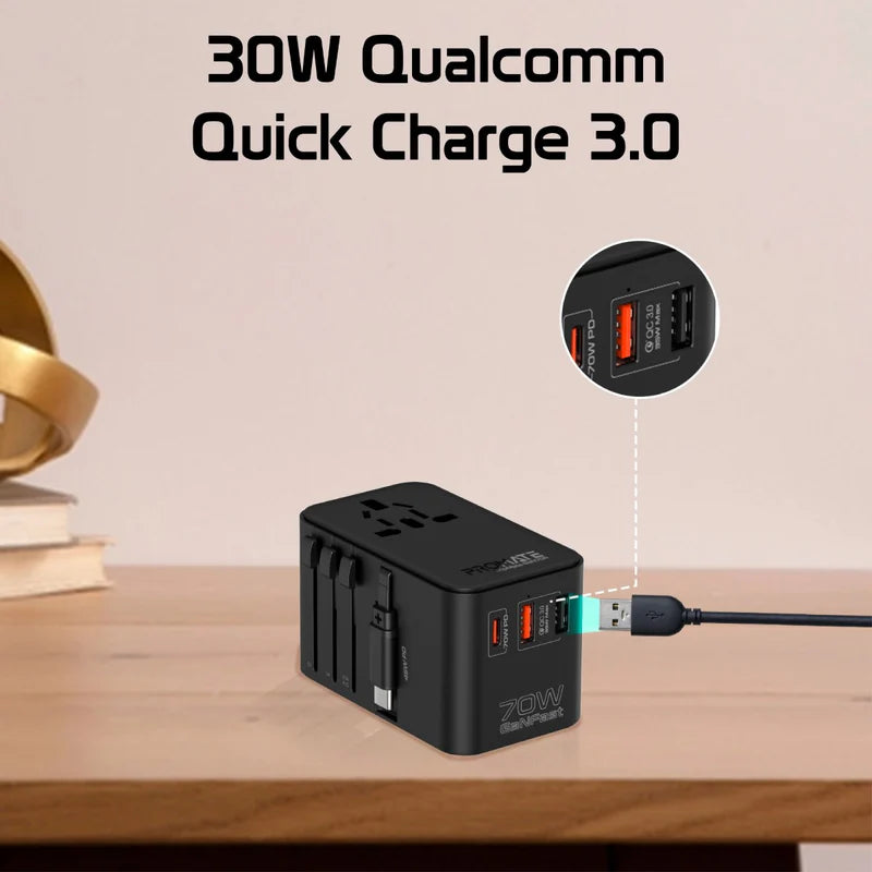 Promate 70W GaN Travel Adapter with Retractable Built-in USB-C Cable