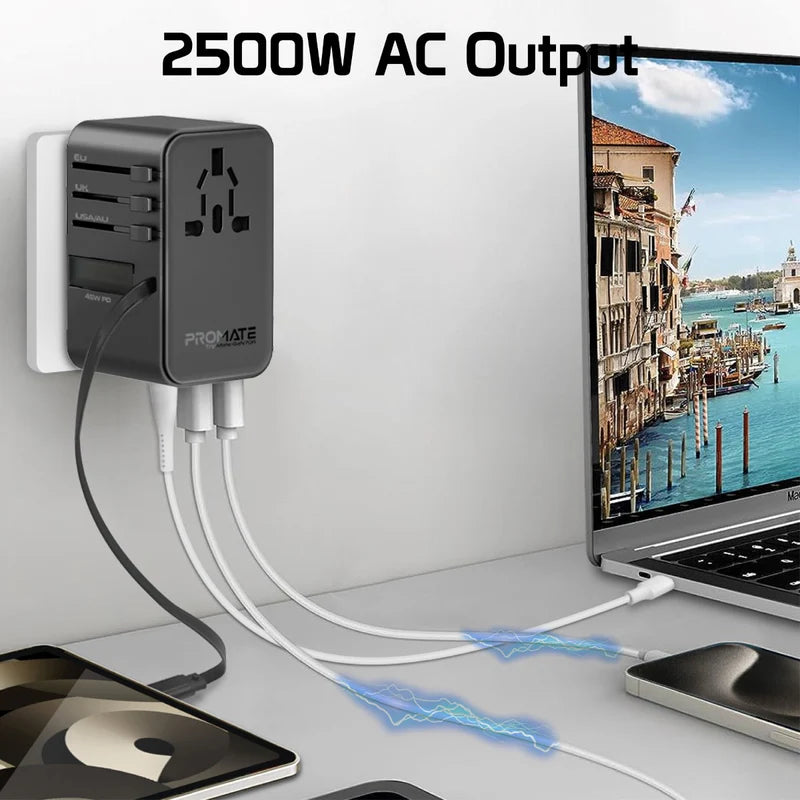 Promate 70W GaN Travel Adapter with Retractable Built-in USB-C Cable