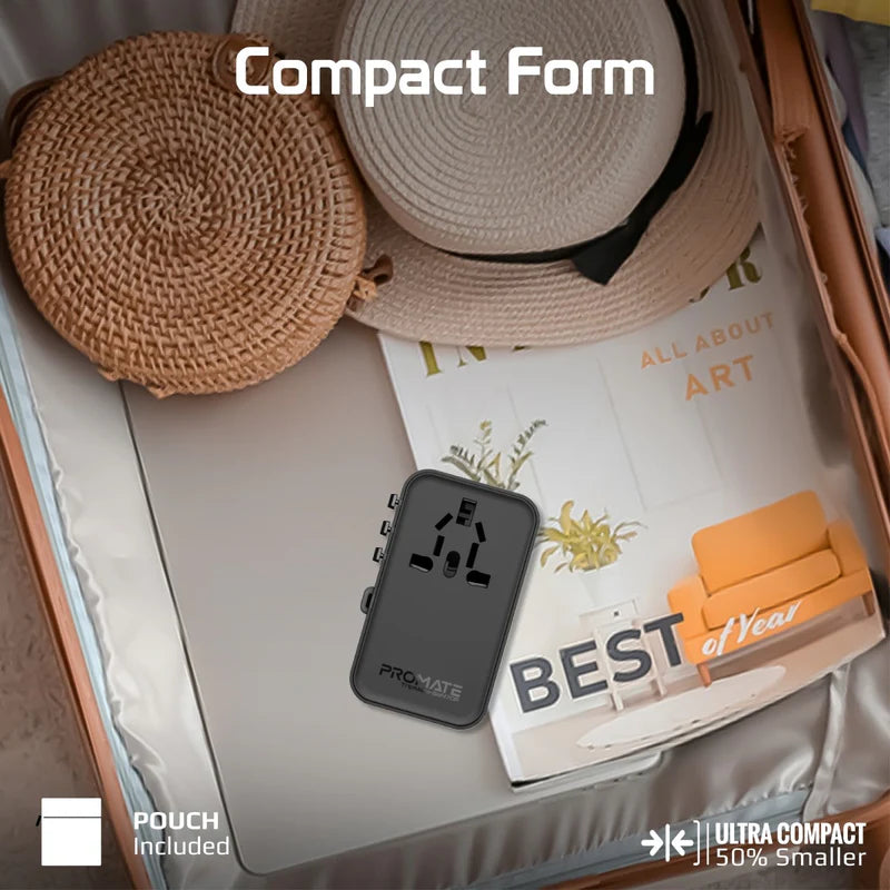 Promate 70W GaN Travel Adapter with Retractable Built-in USB-C Cable