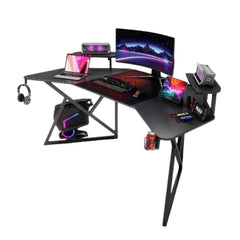 Gamax D2204B Curved Carbon fiber Gaming Table 180*70*74 cm with Multi Level Shelves & Mousepad - Black