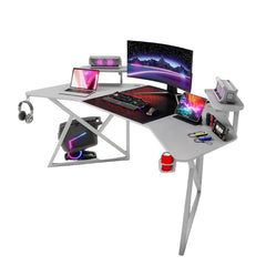 Gamax D2204W Curved Carbon fiber Gaming Table 180*70*74 cm with Multi Level Shelves & Mousepad - White