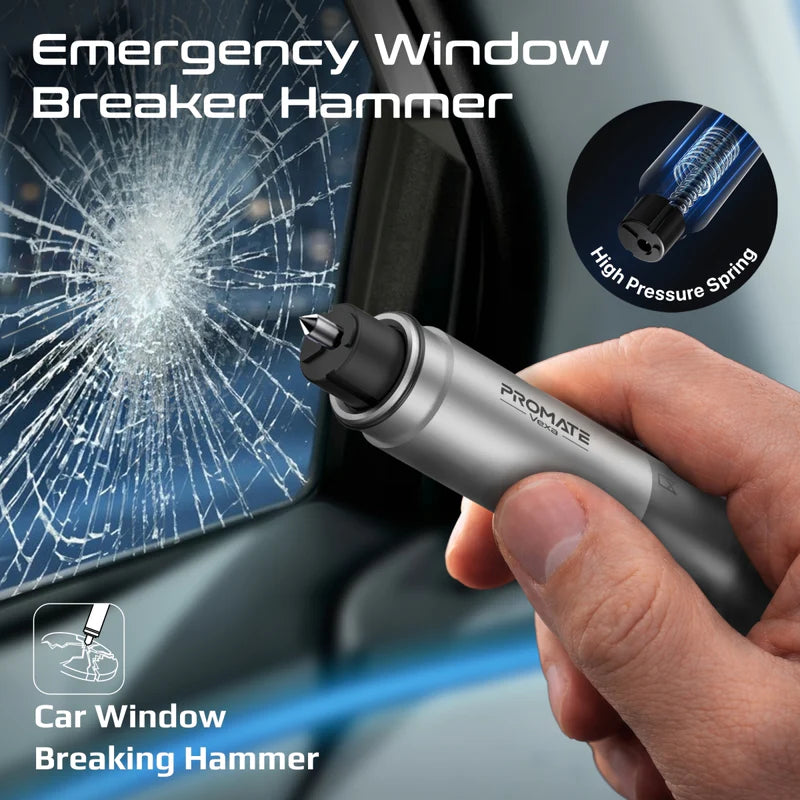 PROMATE All-in-One Emergency Rescue Tool with Hammer, Seatbelt Cutter & LED Light,Black