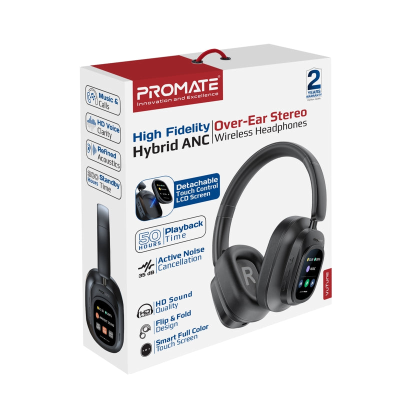 Promate High-Definition Hybrid ANC Headphones with Detachable Magnetic LCD Touch Screen Controller,Black