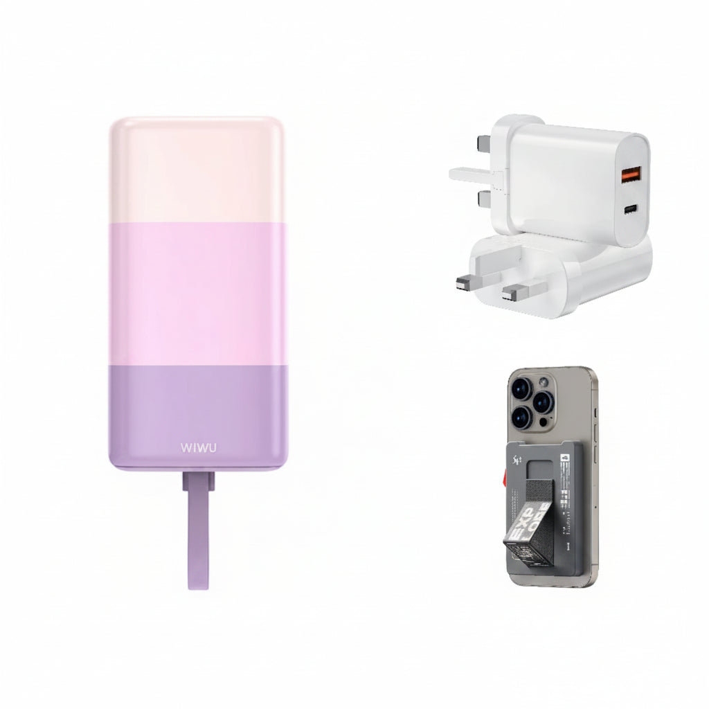 Bundle WIWU  Wi-P015 Colorful Serie Power Bank 10000mAh Purple +Mag Wallet with Stand+U002 - QUICK FAST CHARGER UK  - WHITE