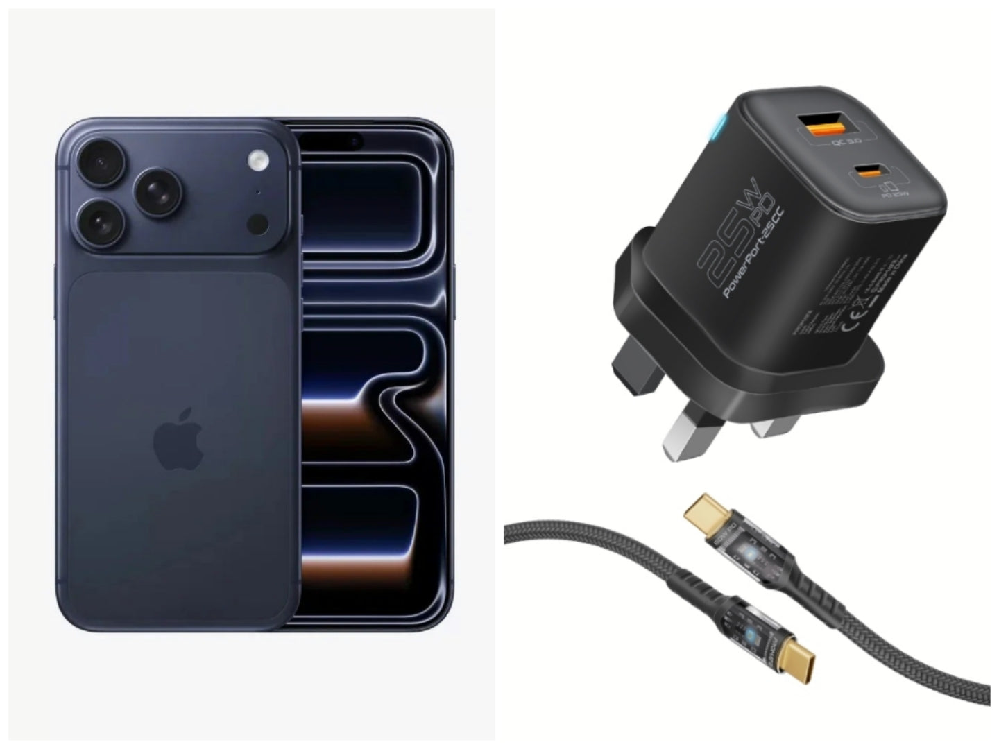 Apple iPhone 17 Pro Max 256GB Deep Blue +Promate 25W Dual Port PD Wall Charger with 60W USB-C Cable, Quick Charge 3.0 Port, and 1.2m Transparent 60W Cable