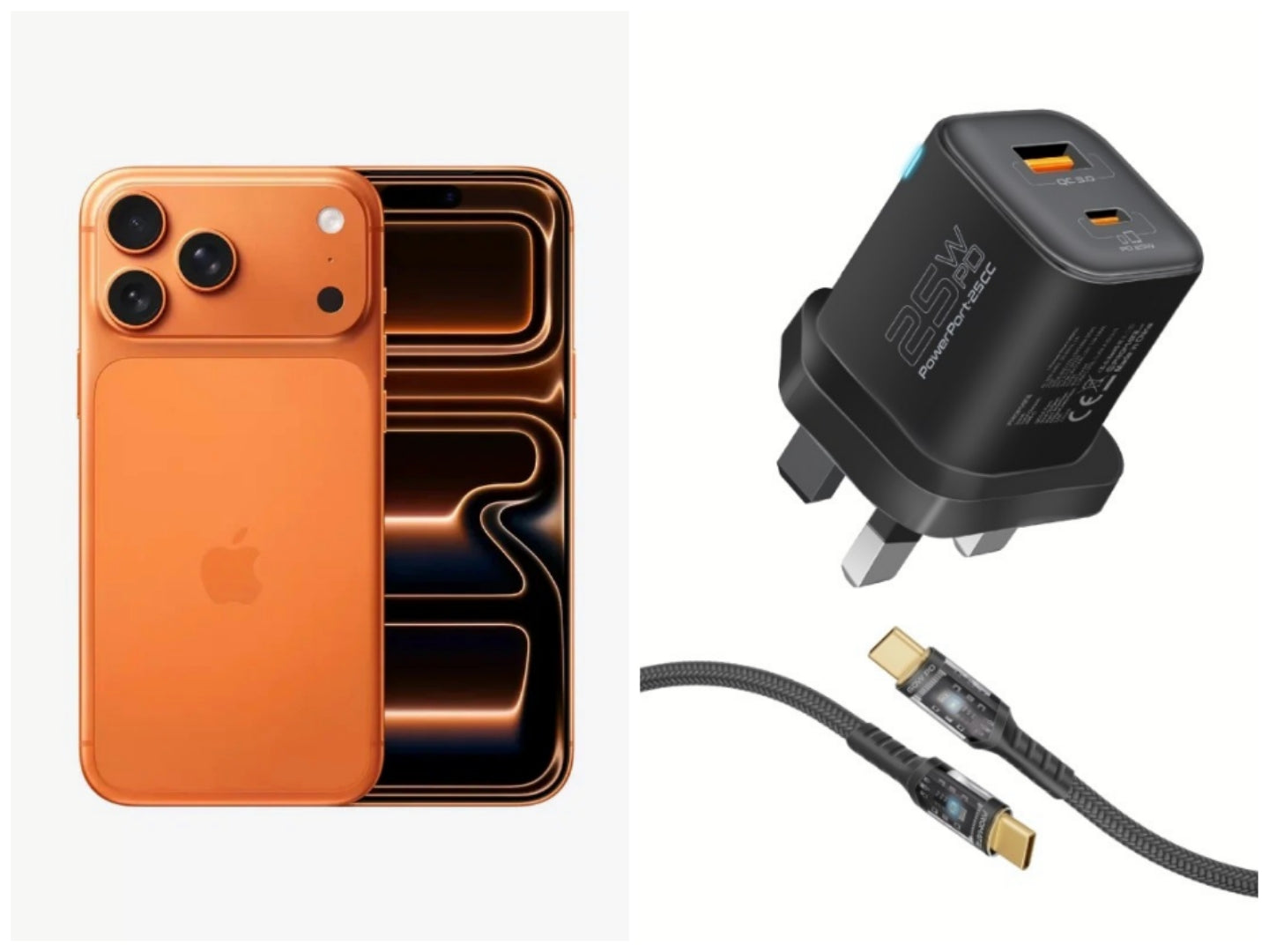 Apple iPhone 17 Pro Max 512GB Cosmic Orange+Promate 25W Dual Port PD Wall Charger with 60W USB-C Cable, Quick Charge 3.0 Port, and 1.2m Transparent 60W Cable