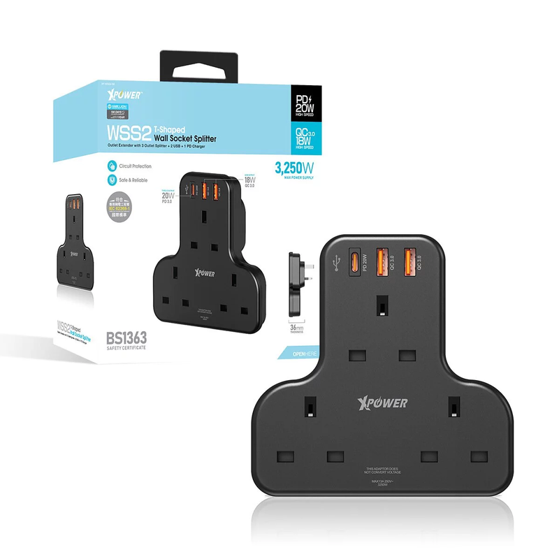 XPower WSS2 PD 20W 3 Outlet T-Shaped Extension Socket - Black