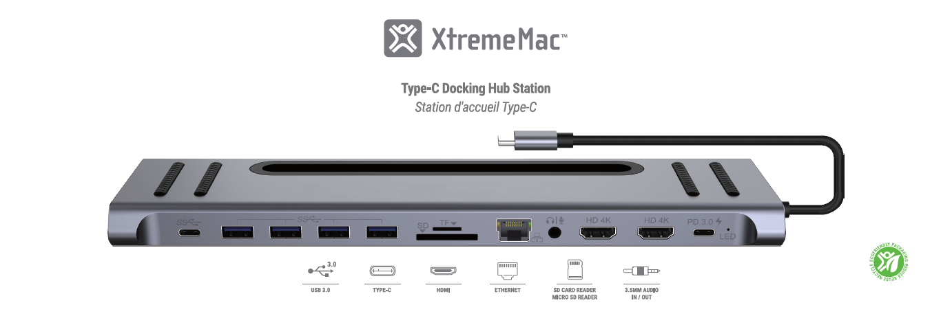 إكستريم ماك محطة توصيل تايب سي 12 في 1، إيثرنت ومنفذا عرض 4K وقارئ بطاقات SD وMicroSD وتمرير طاقة 100 واط وتايب سي و4 منافذ يو إس بي 3.0 ومدخل ومخرج صوت