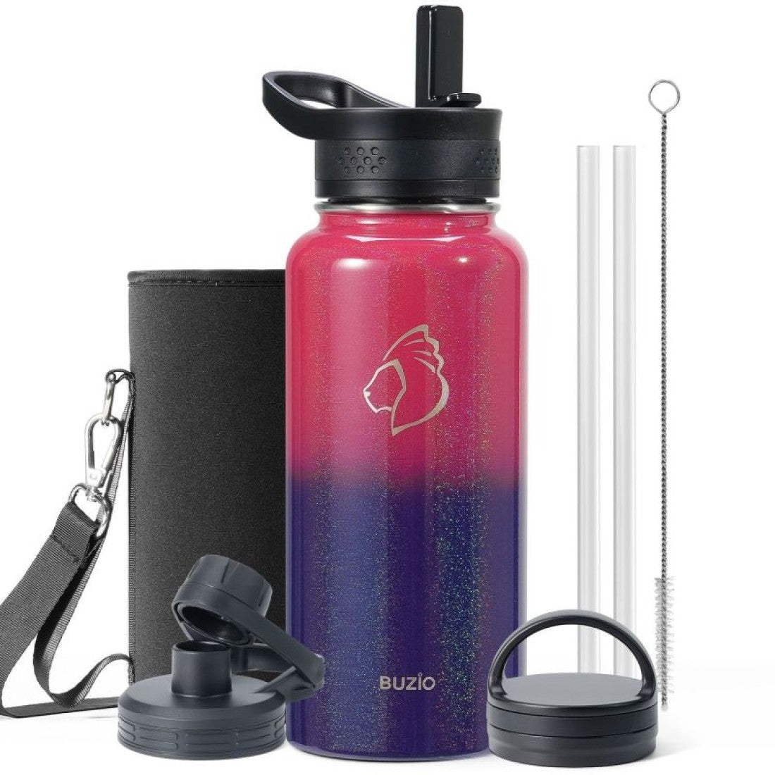 Buzio Trio Series Water Bottle with 3 Lids and Sleeve 1L - Red Blue