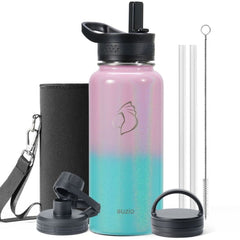 Buzio Trio Series Water Bottle with 3 Lids and Sleeve 1L - Pink Green