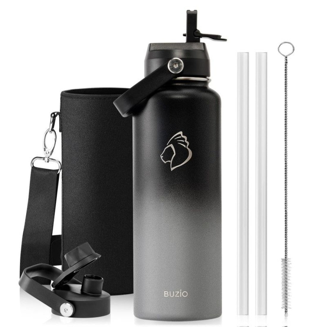 Buzio Duet Series Water Bottle with 2 Lids and Sleeve 1.2L - Shadow