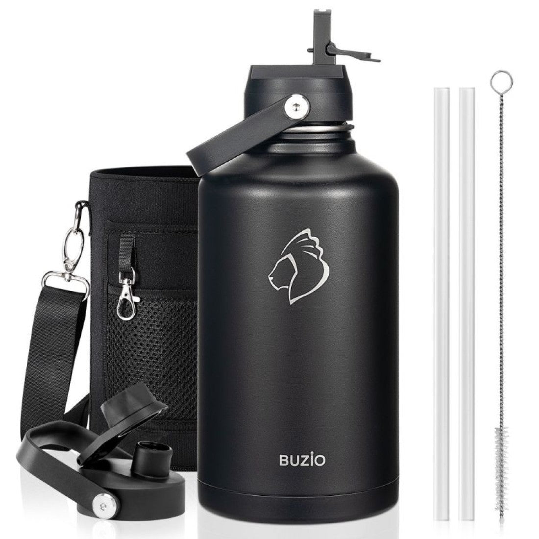Buzio Duet Series Water Bottle with 2 Lids and Sleeve 1.9L - Black