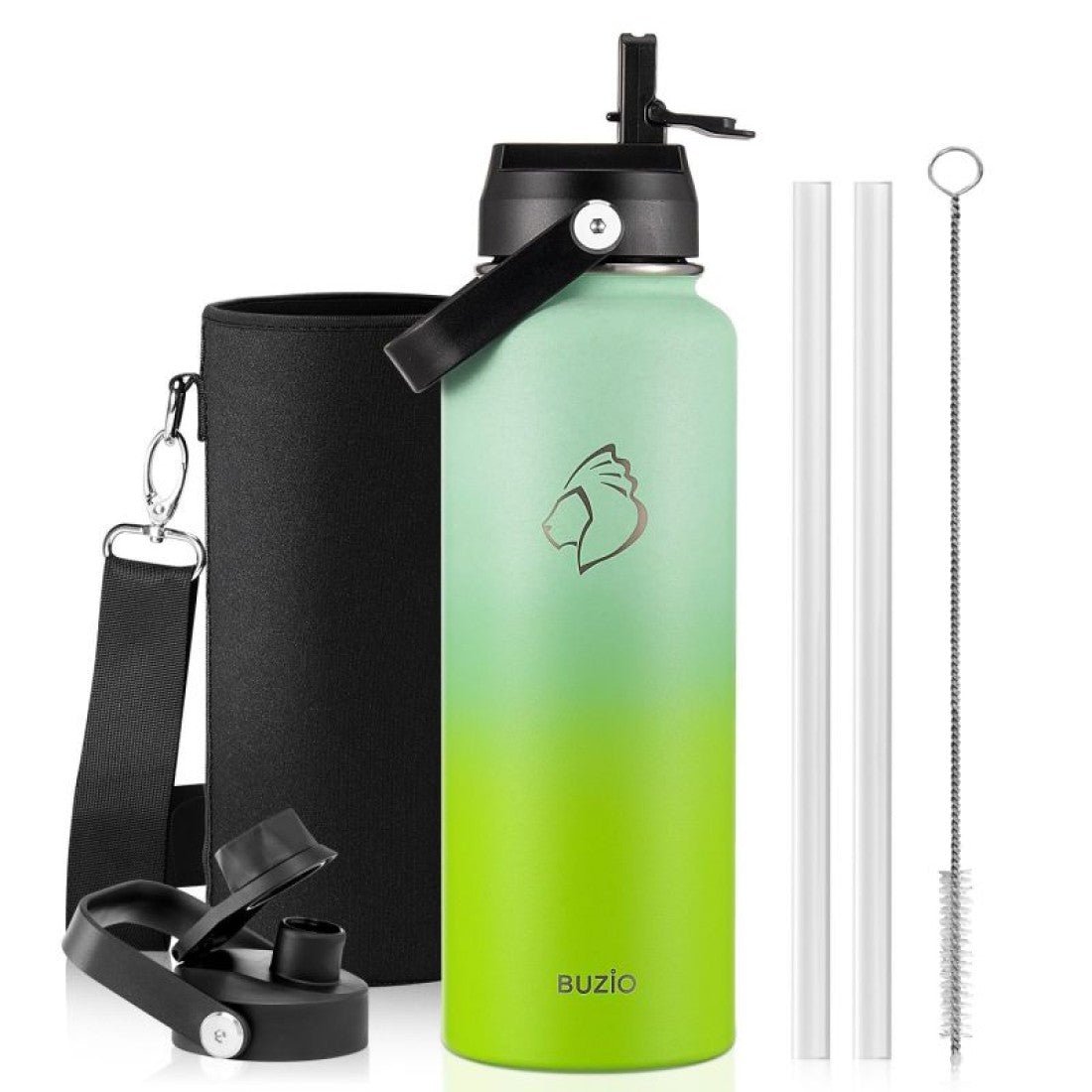 Buzio Duet Series Water Bottle with 2 Lids and Sleeve 1.2L - Gradient Green