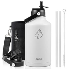 Buzio Duet Series Water Bottle with 2 Lids and Sleeve 1.9L - White