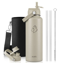 Buzio Duet Series Water Bottle with 2 Lids and Sleeve 1.2L - Beige