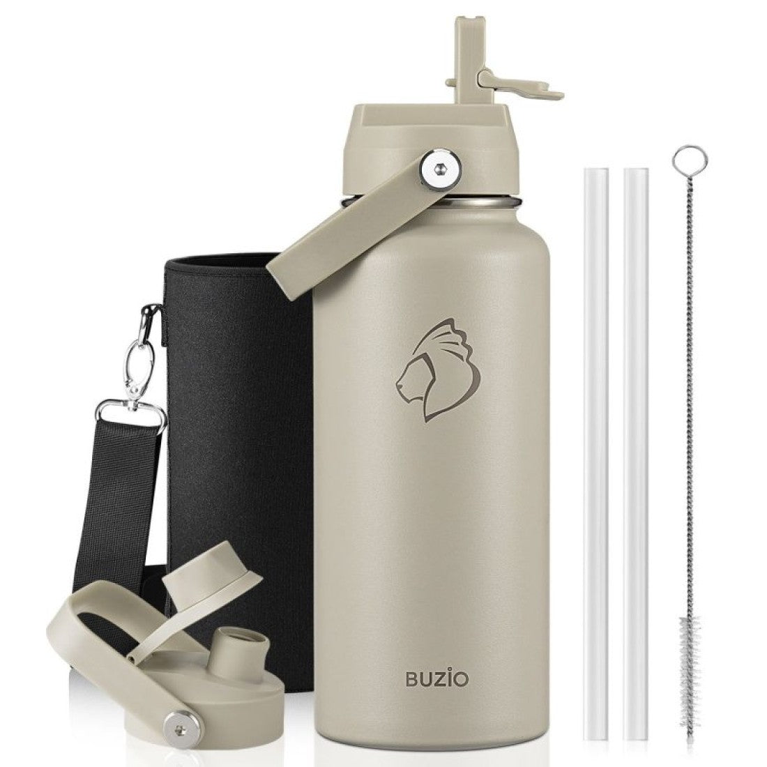 Buzio Duet Series Water Bottle with 2 Lids and Sleeve 1L - Beige