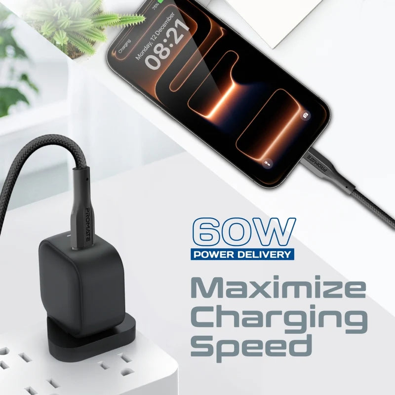 Promate High Tensile Strength Data & Charge USB-C Cable,BLACK