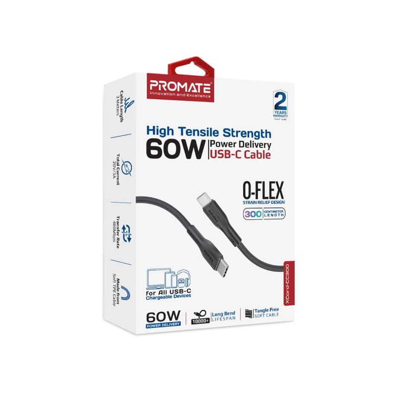 Promate High Tensile Strength Data & Charge USB-C Cable,BLACK