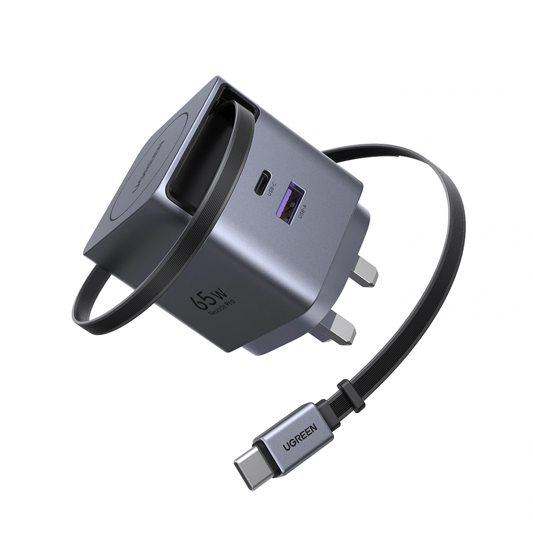 UGREEN 65W GaN Fast Charger with Retractable Cable (2-port) (Space Gray)
