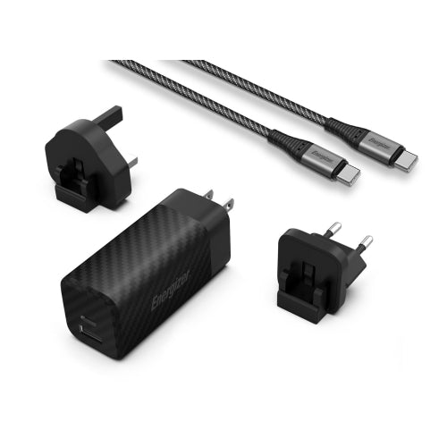 Energizer ULTIMATE 90W Dual USB-C Laptop and Mobile Wall Charger, 3x  Multi-Plug, 2M USB-C to USB-C Cable Included,Black