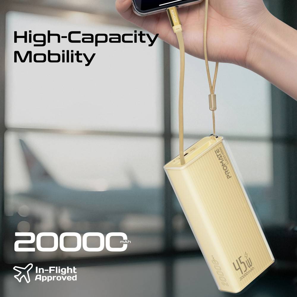 PROMATE  Power through your day with this 20,000mAh power bank featuring 45W fast charging,Gold