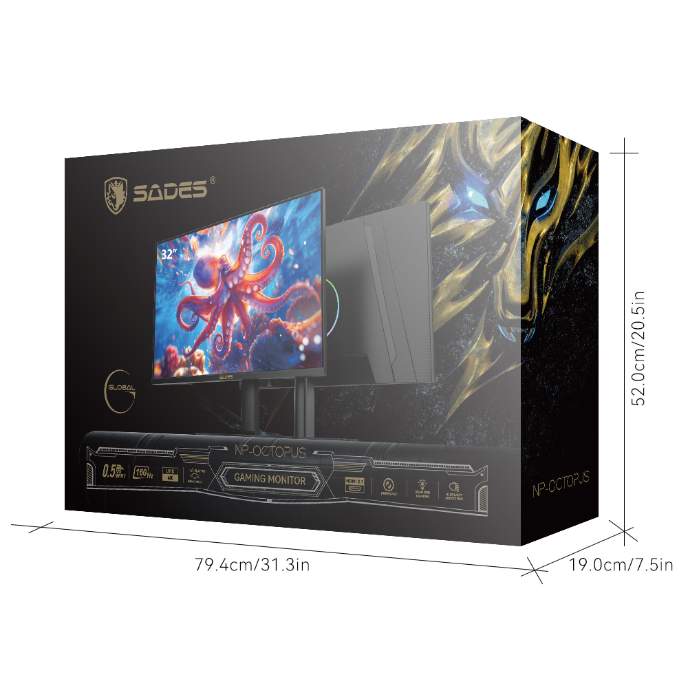 Sades NP-Octopus 32" 4K (3840x2160), 160Hz Refresh Rate, 0.5 Response Time, HDMI 2.1, IPS Flat Gaming Monitor - Black