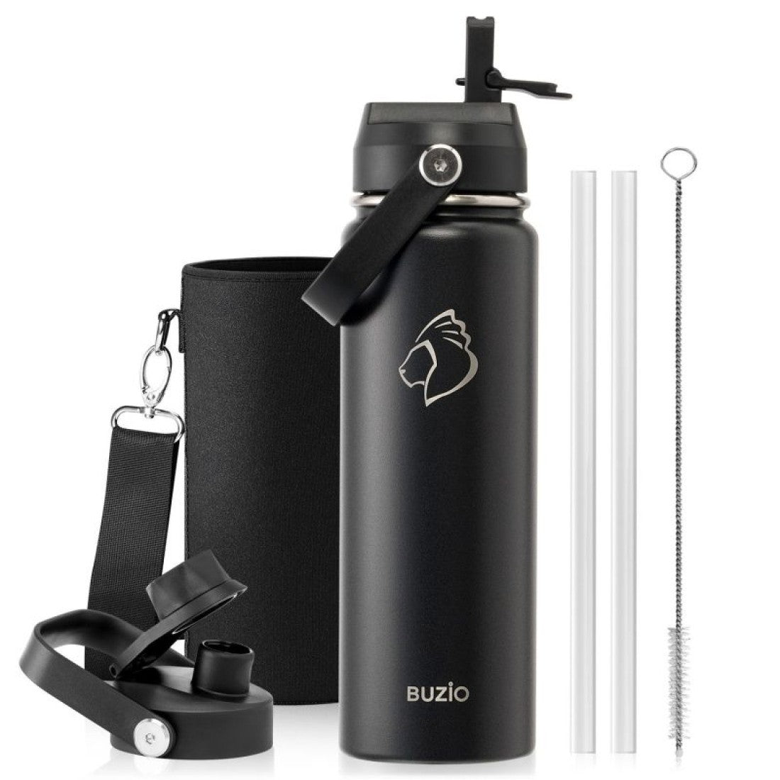 Buzio Duet Series Water Bottle with 2 Lids and Sleeve 650ML - Black