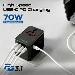 Promate TripMate-GaN70Pro 70W Universal Travel Adapter with GaN Fast Charging, 3 USB-C Ports, 2 USB-A Ports