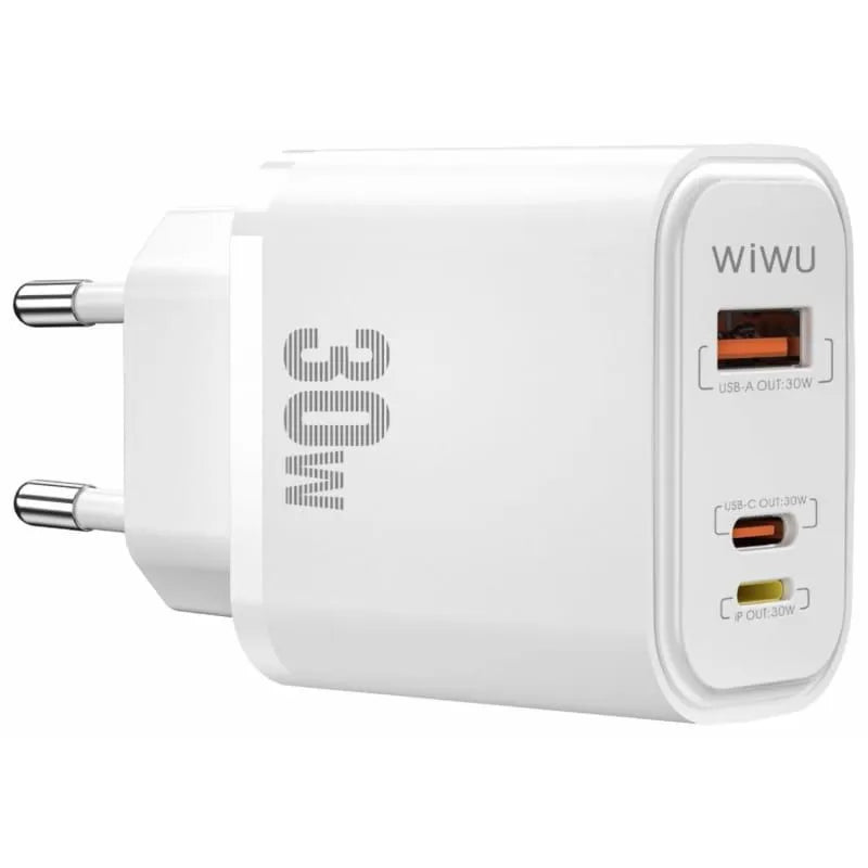 شاحن سريع WIWU Wi-U021 SiC بقوة 30 واط بتقنية الشحن السريع PD+QC، أبيض اللون، متوافق مع معايير A+C/L، من الفئة A+C/L، بريطاني