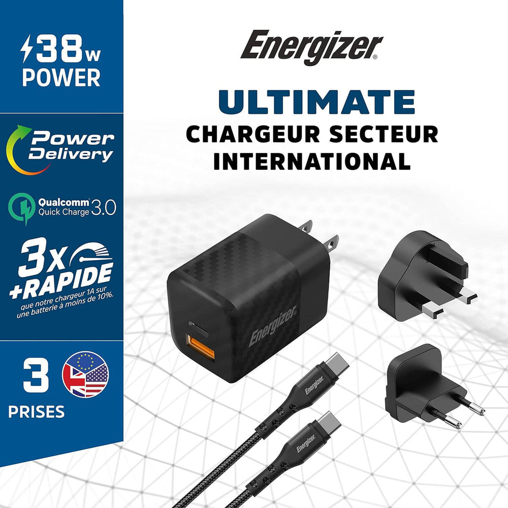 Energizer Ultimate 38W PD/QC Wall Charger with Universal Plug, Dual Output, USB-C to USB-C Braided Cable