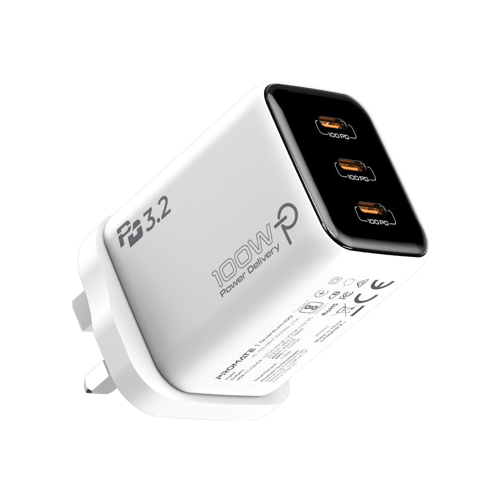 Promate Quantum-100 100W GaN USB-C Charger with 3 USB-C Ports, PD 3.2 Fast Charging, PPS & AVS Support