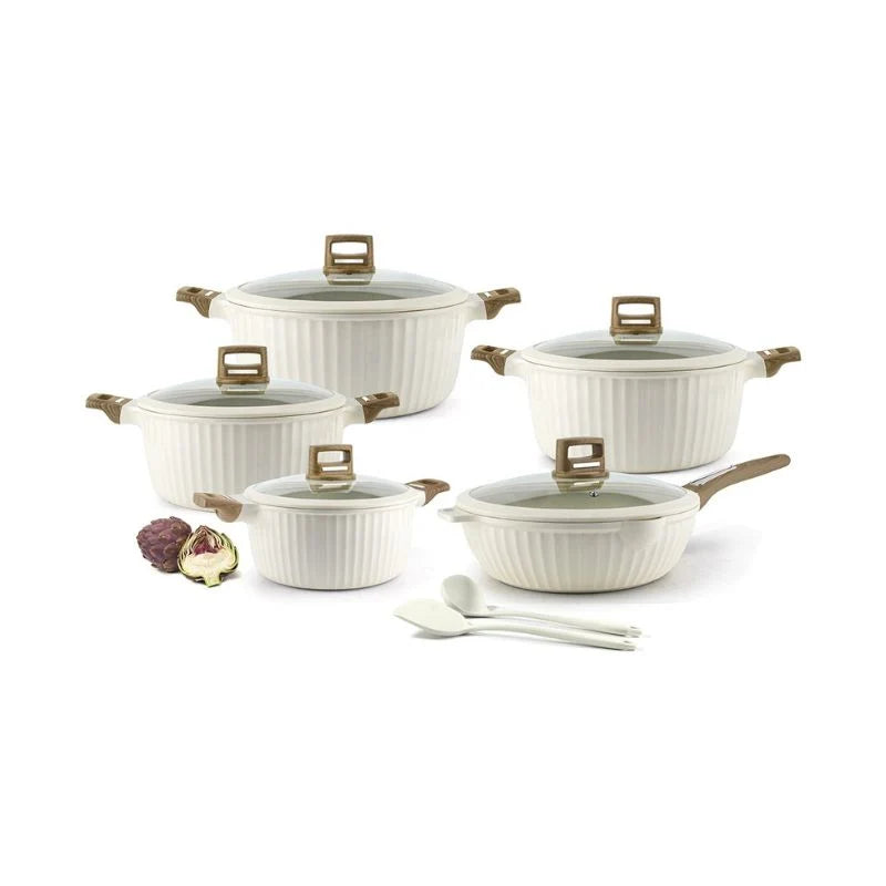 OSFE Granite Cookware Set 12 pcs 20-24-28-32cm casserole with lid 28cm deep fry pan with silicone lid, 2pcs silicone kitchen tools - Ivory